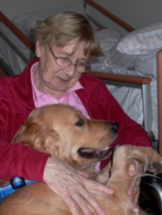 Therapieh�ndin Bani und Frau Henn kuscheln zur Begr��ung